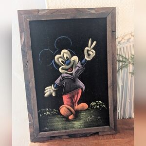 Vintage Black Velvet Mickey Mouse Oil Painting • Glows Under Black Light • Frame